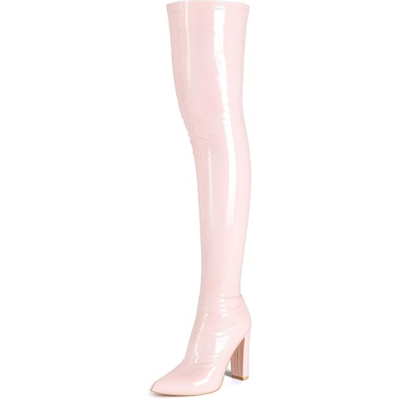 Women Pink Patent Leather PU Over The Knee High Pointed Toe Long Tall Boots - Picture 1 of 5